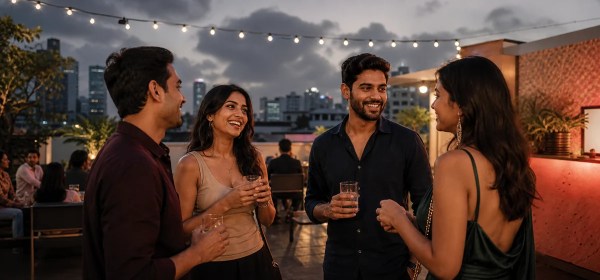Indian adults socializing at a Mumbai rooftop gathering during the evening