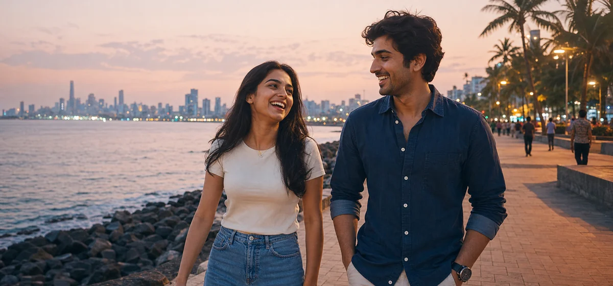 Indian couple laughing during a relaxed evening walk along the Bandra promenade