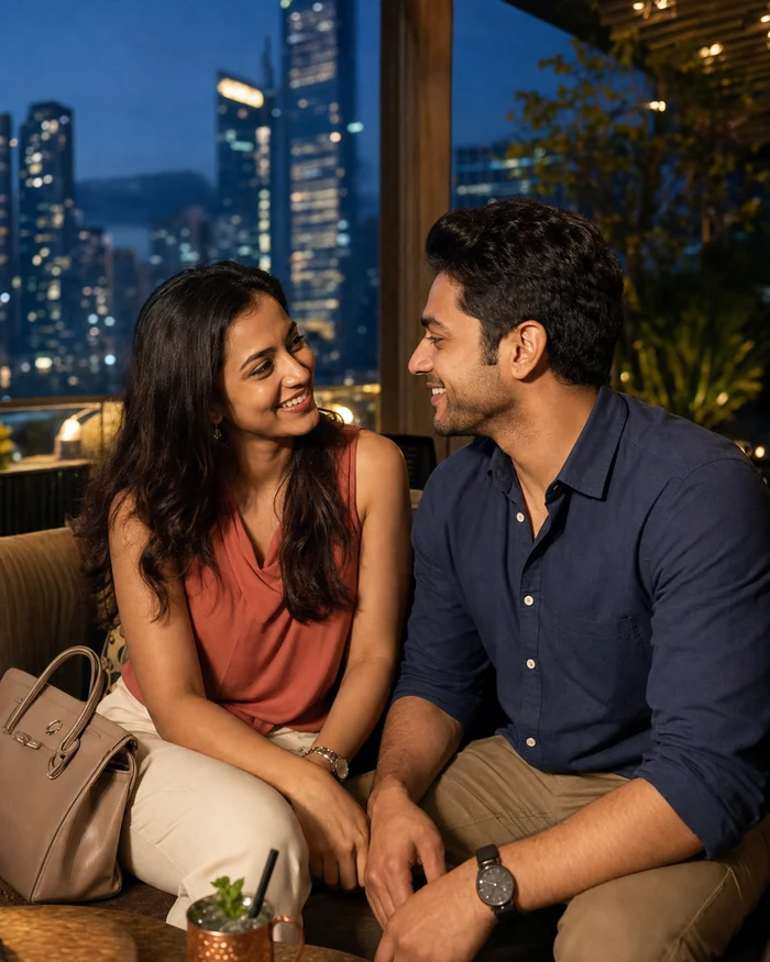 Indian adults sharing an after-work date at a Lower Parel lounge in Mumbai