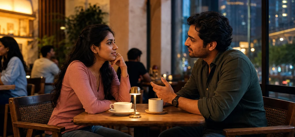 Indian adults having an attentive conversation at a public Mumbai cafe