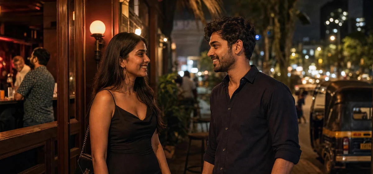 Indian adults greeting each other outside a Bandra bar in Mumbai at night