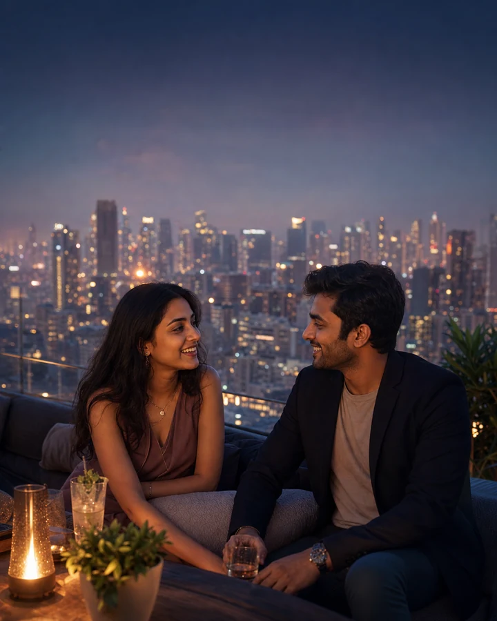 Indian couple talking at a Mumbai rooftop lounge with the city skyline behind them