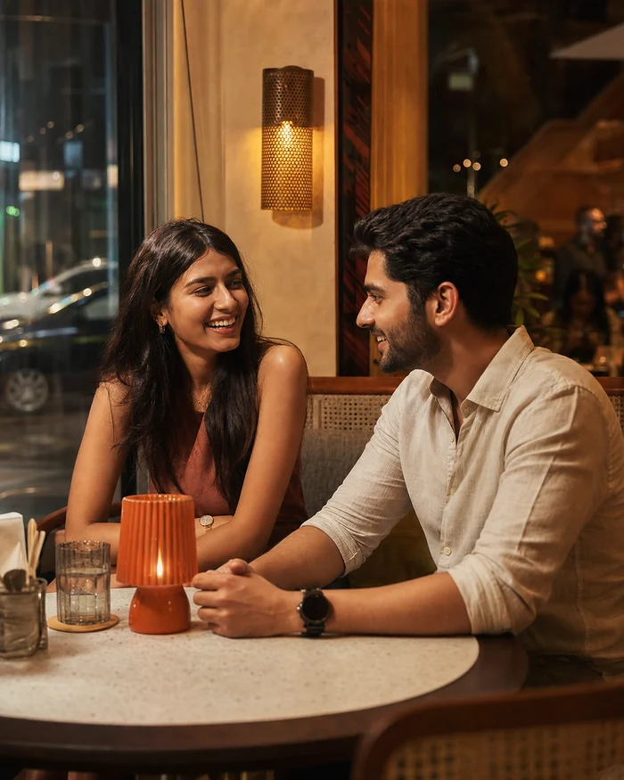 Indian couple sharing a relaxed evening conversation at a Bandra cafe in Mumbai